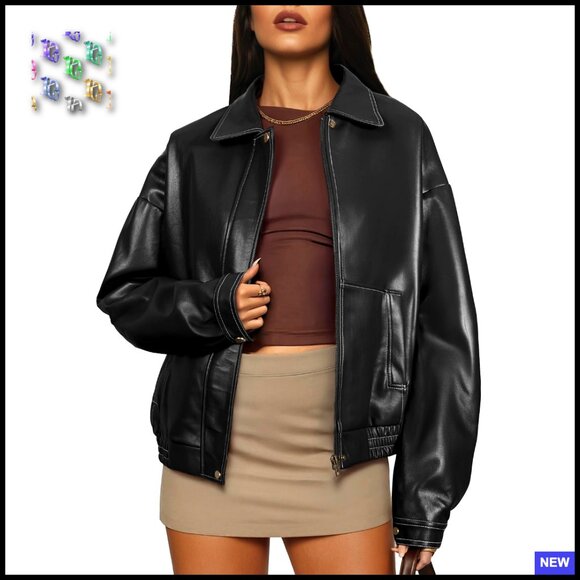 Faux Leather Motorcycle Jacket Oversized Bomber Zip Up Classic Chic